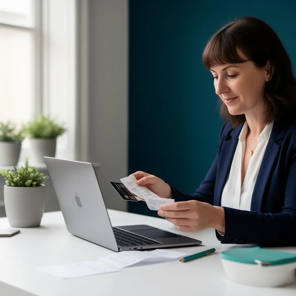 UK small business owner reviewing receipts and a business credit card at a desk